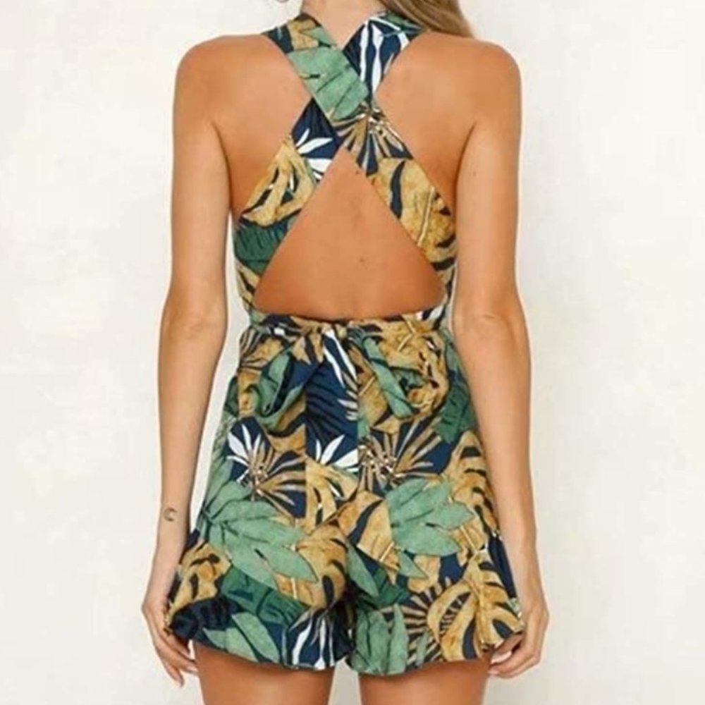 NWT Open Back Tropical Print Ruffle Hem Romper - Picture 4 of 4